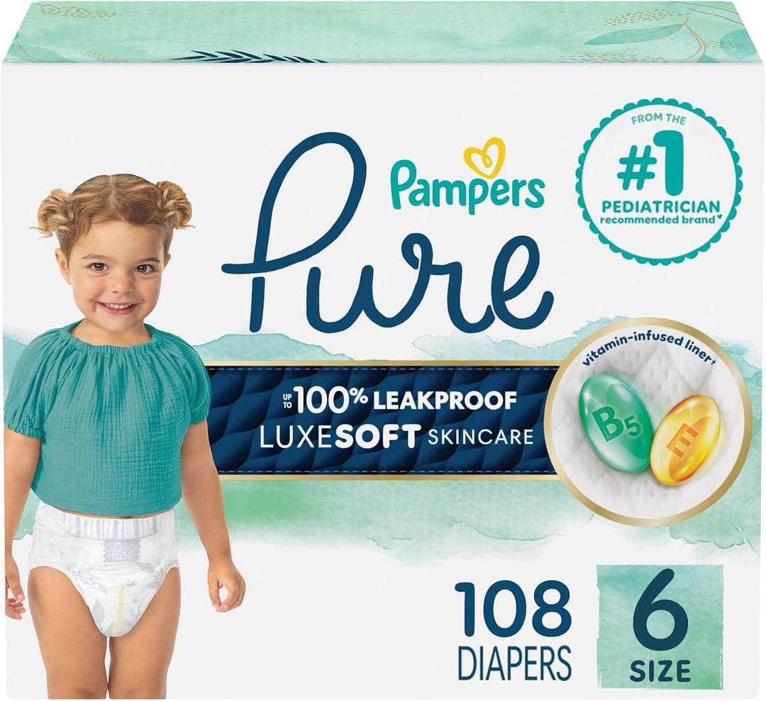 Pampers Pure Baby Diapers, Size 6 (35+ lbs), 108, Up to 100% Leakproof, Premium Hypoallergenic Soft Diapers