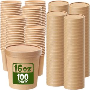 Fulmoon 100 Pack Paper Soup Containers with Lids Disposable Paper Food Containers with Vented Lid Kraft Ice Cream Cake Dessert Cups Soup Bowl for Party Hot Food Fruit Microwave(16 oz, Brown)