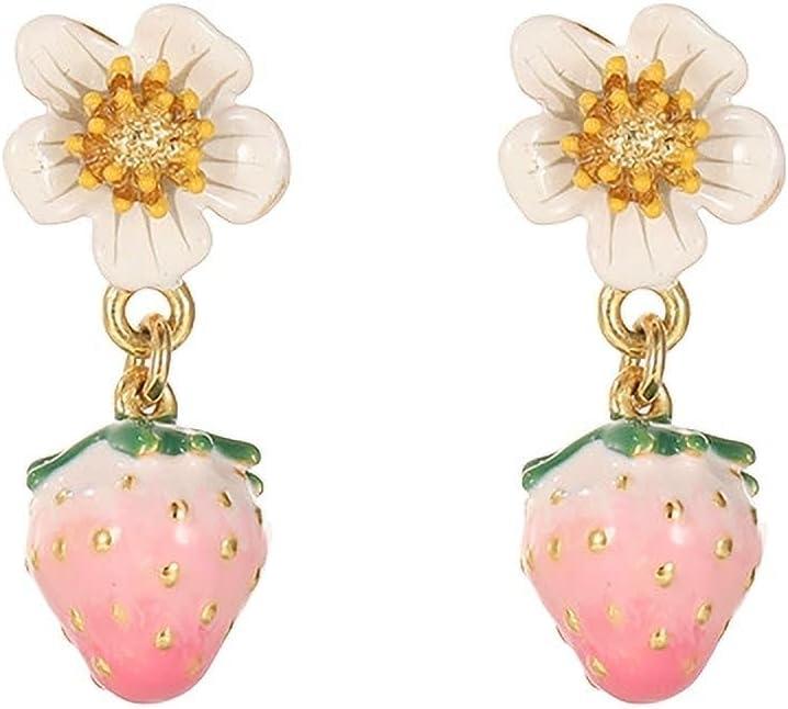 Pink Strawberry Flower Drop Earrings - Cute Enamel Fruit & Floral Earrings for Women, 18K Gold Plated Dainty Aesthetic Jewelry
