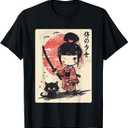Cute Kawaii Samurai Girl with Katana & Cat Japanese Anime T-Shirt, Size: 1X