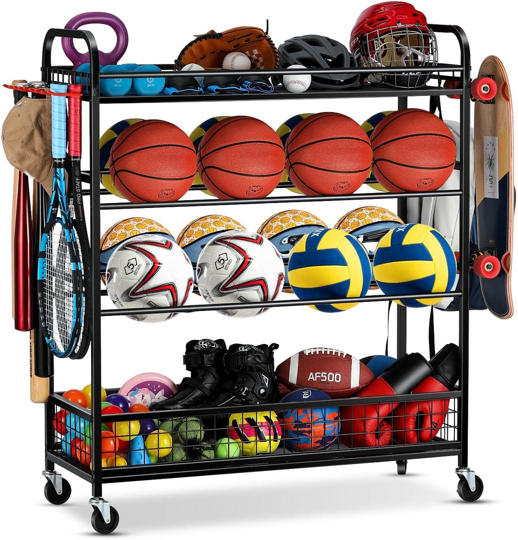 EXTCCT Garage Sports Equipment Organizer - Rolling Ball Storage Bin with Wheels, Garage Sports Gear Rack Outdoor Basketball Racks for Balls with Baseball Bat Holder and Hooks, Toy Organizer