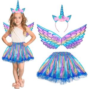 Hifot Unicorn Costumes for Girl, Unicorn Birthday Tutu Dress with Unicorn Wings Headband for Christmas Gifts Party Outfit, 8In Waist