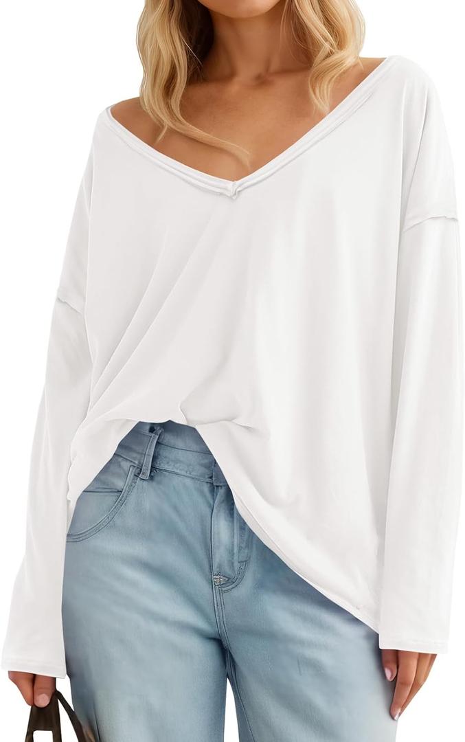 Tankaneo Womens Oversized Long Sleeve Shirts Deep V Neck Fall Tops Casual Loose Fit Tunic Basic Tees (White)