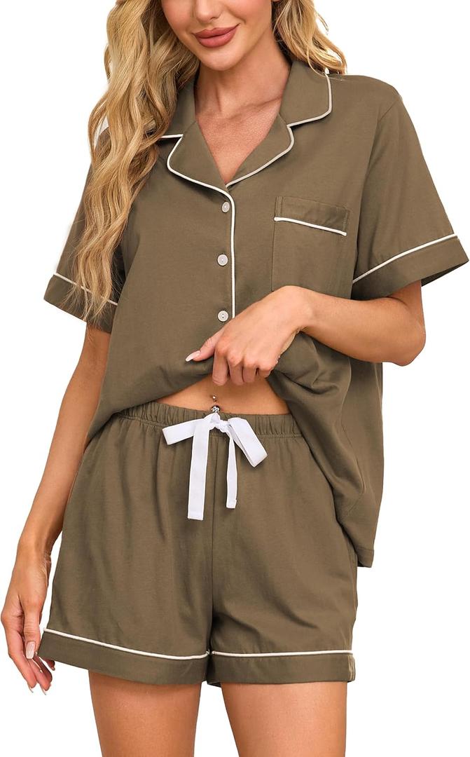 CF 100% Cotton Short Pajama Set Soft Button Down Pajamas Set Short Sleeve Sleepwear and Shorts with Pockets (Medium, Olive Green)