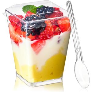 TOFLEN 50 Pack 5 oz Plastic Dessert Cups with Lids for Party, Mini Dessert Cups with Spoons Dessert Shooter Cups for Yogurt Parfait, Appetizer, Pudding, Fruit and Ice Cream