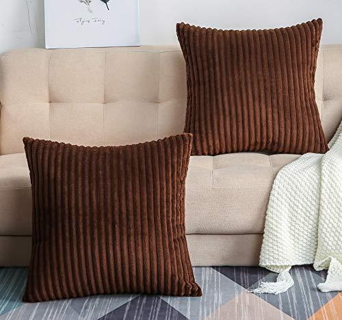 TangDepot, Soft Plush Velvet Big Striped Corduroy Solid Decorative Throw Pillow Covers, Square Pillow Covers - (12"x12" 1 Pieces, A65 Brown)