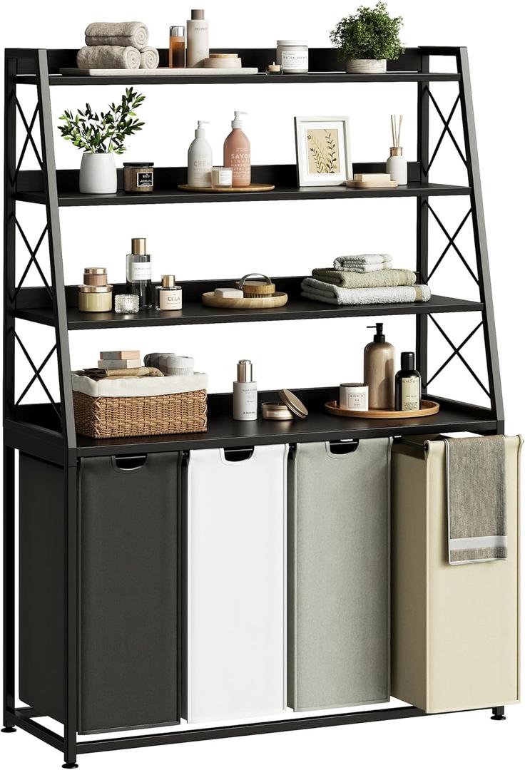 Herture Laundry Basket, 4 Section Laundry Hamper with 4 Tiers Shelf, Pull-Out and Removable Laundry Bags, Large 4 x 15.87 Gallons, for Laundry Room Bathroom Black PF12XLK