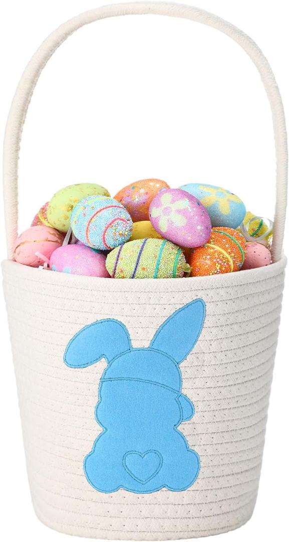 Cute Easter Basket with Handle Empty Bunny Basket Large Woven Cotton Rope Gifts Buckets for Egg Hunts Baby's First Easter Baskets Gifts(Blue)