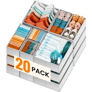 Criusia 20 Pack Drawer Organizer Bins - Grey Fabric Closet Organization and Storage Dividers for Baby Clothes, Adult Socks, Underwear, Bra, etc.