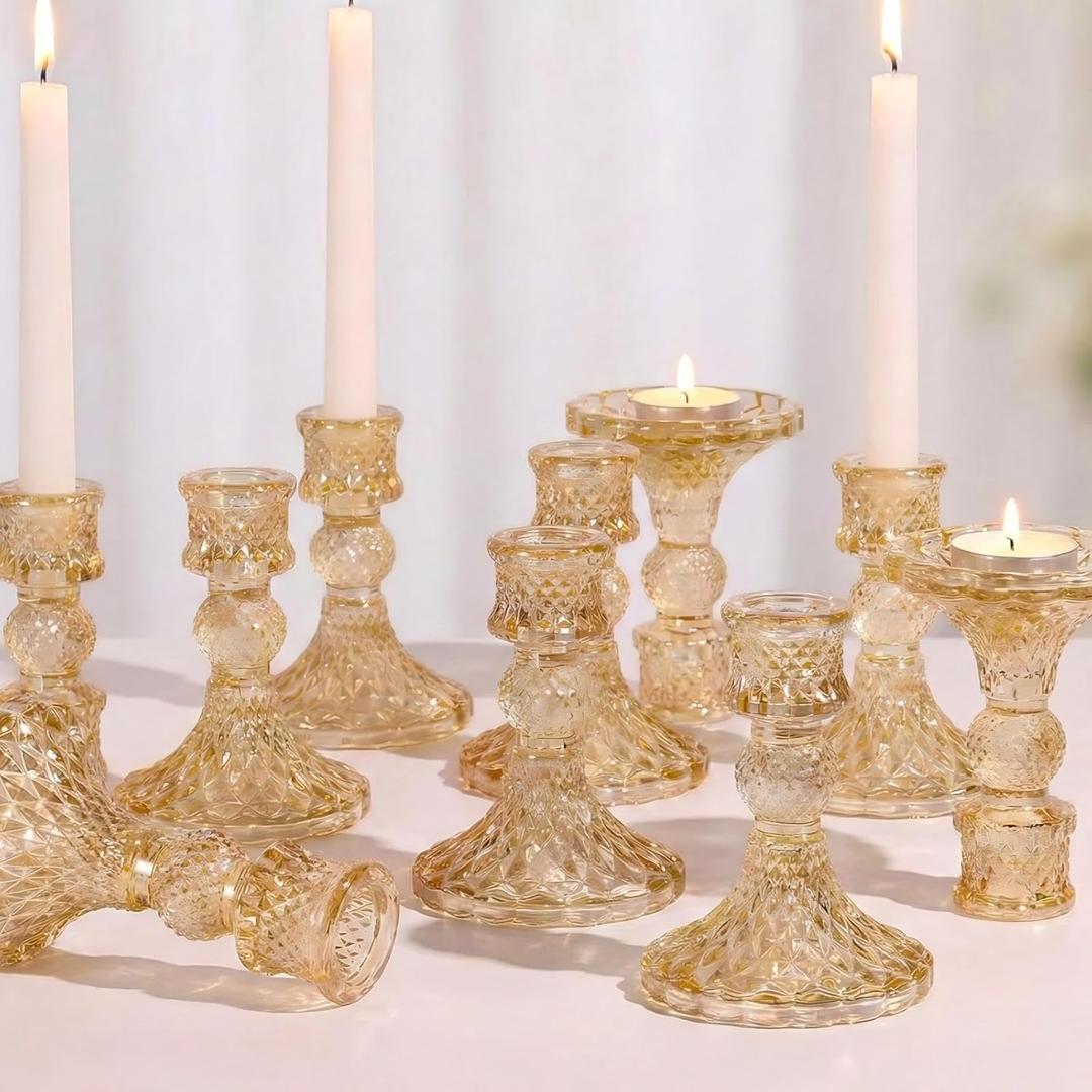 Gold Candle Holder Set of 12, Glass Taper Candle Holders, Gold Candlestick Holders, Candle Stick Holder for Table Centerpieces, Wedding, Christmas & Home Decor