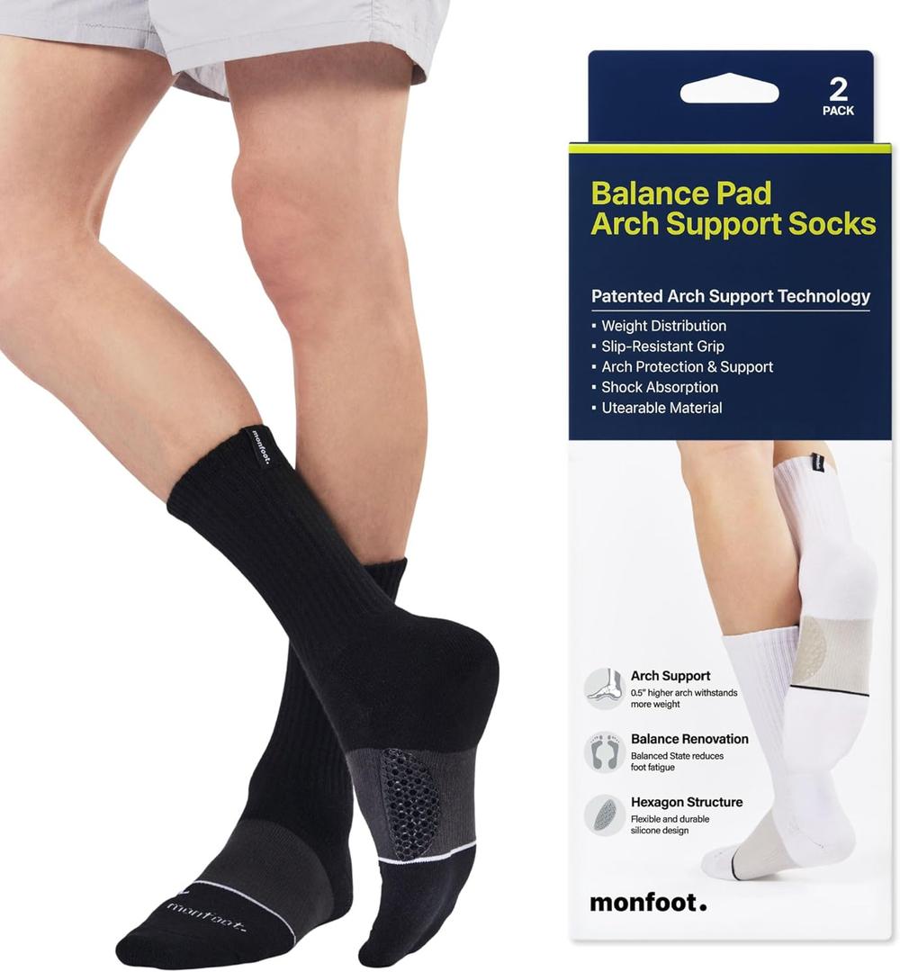 MONFOOT Men's/Women's Arch Pad Socks 2 Pairs, Black, Large - Best Arch Support for Plantar Fasciitis, Sprain, Neuropathy