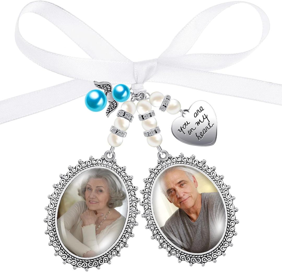 Hicarer Wedding Bouquet Charm for Wedding Memory Lacy Oval Bride Memorial Angel Photo Charm You Are Always in My Heart for Bridal Party (Double Pendant Style)