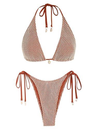 ZAFUL Women's Triangle Bikini Multiway Fishnet Tie Side Bandeau Halter String Bikini Set Two Piece Swimsuit Bathing Suits (1-Coffee, M-Medium)