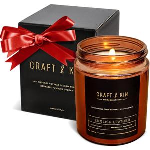 Craft & Kin Christmas Scented Candle for Men | Premium English Leather Holiday Candle | All-Natural Scent for Home | Long Lasting Winter Candles, 45-Hour Burn Time, 8oz (Amber Jar - 8oz)