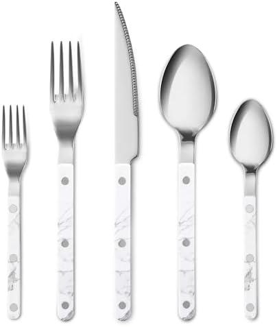 CAROTE Silverware Set with White Marble Handle, 20 Piece Flatware Cutlery Set for 4, Stainless Steel Kitchen Utensil Set for Home Restaurant Party, Dishwasher Safe