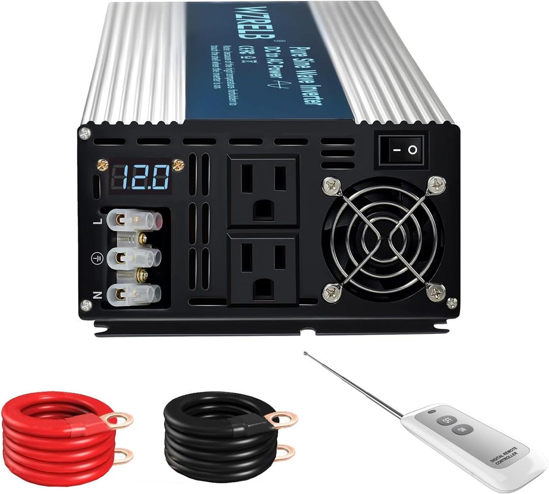 WZRELB 3000W Pure Sine Wave Inverter 12V DC to 110V 120V AC with LED Display,Remote Controller,Off-Grid Power Converter 6000W Surge with Dual AC Outlets, Hardwire Terminal for Home, RV, Truck, Camping