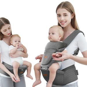 Baby Carrier with Hip Seat, Baby Carrier Newborn to Toddler up to 44lbs, 6-in-1 Ways to Carry, All Seasons, Adjustable Baby Holder Carrier for Breastfeeding(Grey)