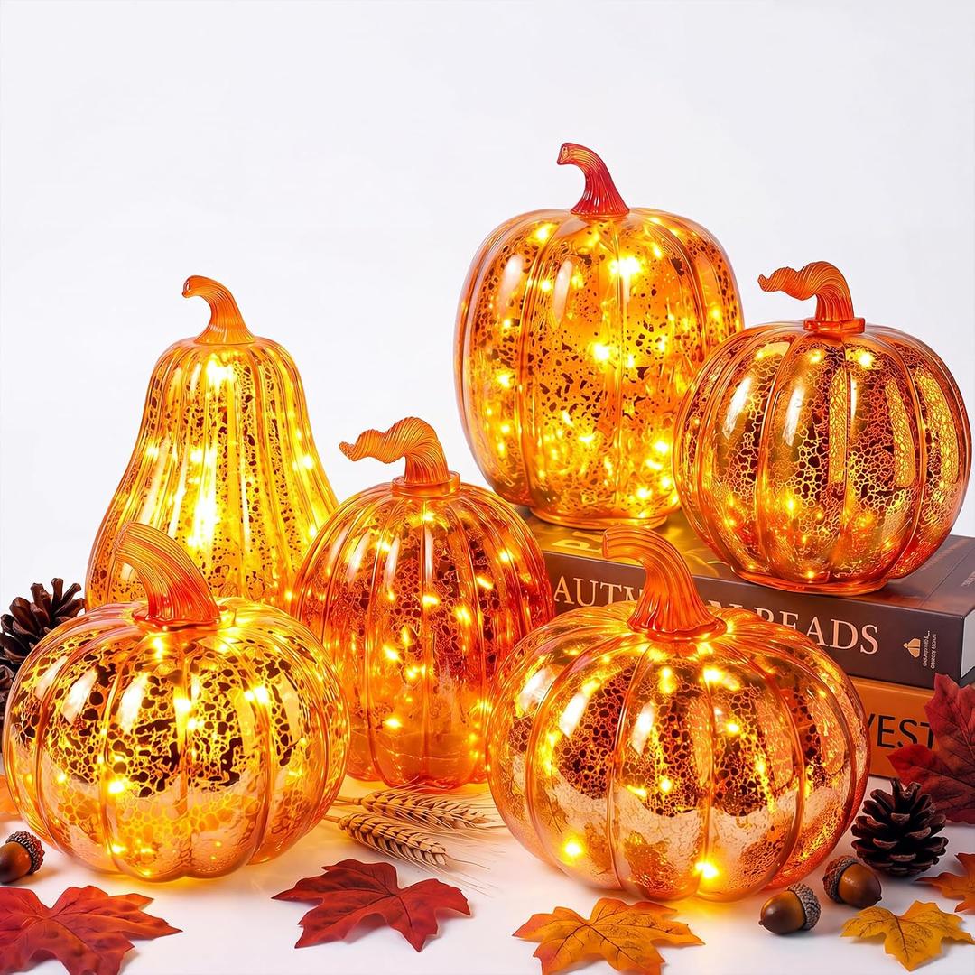 6 Pack Light Up Glass Pumpkin with Timer Fall Decor, Orange