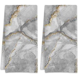 White Marble with Gold Veins Hand Towels,Set of 2 Absorbent Bath Towel Kitchen Dish Towel Home Gym Hotel Bathroom Decor,16x24 Inches