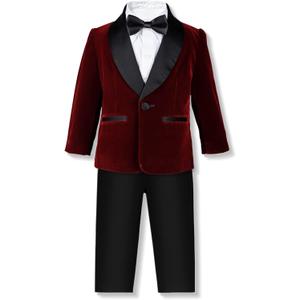 SANGTREE Boys Shawl Tuxedo Suit Velvet Set Gentleman Wedding Outfit, 3 Months - 14 Years (5-6 Years, Burgundy)