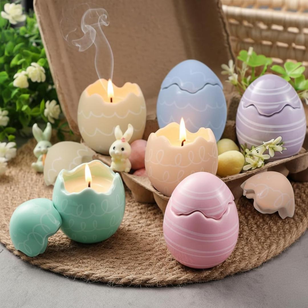Sumind 6 Pcs Easter Egg Shaped Scented Candles Gifts Pastel Vanilla Scented Easter Burning Candles with Lids Decorations Gifts for Women Spring Holiday Birthday Home Party Decor