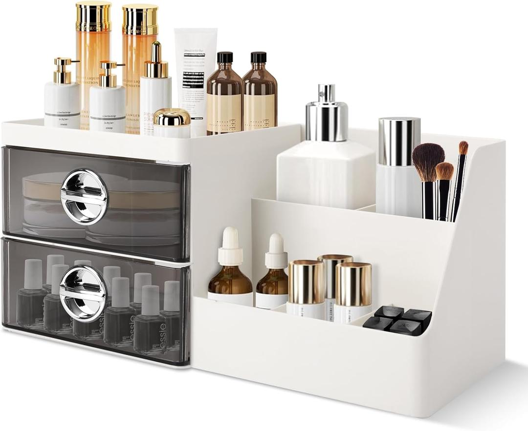 Makeup Organizer with Clear Drawers,Plastic Skincare Organizers for Vanity,Large Capacity Makeup Organizer Countertop for Cosmetics, Skincare,Office Stationery (Gray Drawer)