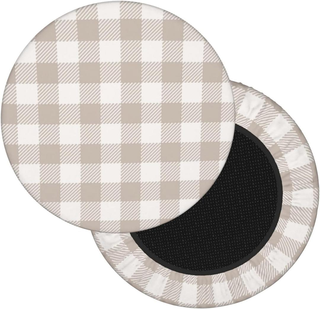 Beige Checkered Round Bar Stool Cover 13 Inch, Soft Breathable Velvet Chair Seat Cushion Slipcover for Cafe Restaurant Hotel Bar