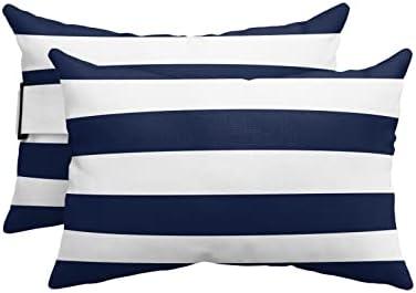 Outdoor Pillow for Chaise Lounge Chair, Simple Stripe Pattern Blue and White Waterproof Headrest Pillow Lumbar Pillows with Adjustable Elastic Strap for Beach, Poolside, Patio, Office (2 Pack)