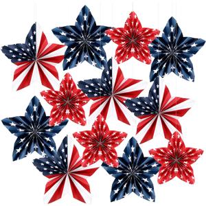 12 Pcs 4th of July Star Patriotic Paper Fan Decor Red Blue White USA Flag Star Hanging Decorative Paper Fans Decor 250th Anniversary for Classroom Independence Day Veterans Labor Day
