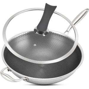 13 inch Wok Pan, Stainless Steel Stir-fry Wok, Non Stick Honeycomb Skillet with Stay Cool Handle- Suitable for Induction, Ceramic, Electric, and Gas Cooktops (13" Honeycomb Wok Pan with Lid)
