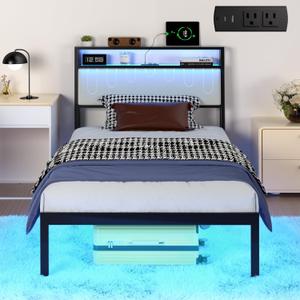 J.Fkne Twin Bed Frames with LED Lights & Charging Station, Metal Platform Frame with Upholstered Headboard, No Box Spring Needed, Noise Free, Easy Assembly