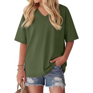 Oakgarden Girls' Shirts 5-14 Years Oversized Short Sleeve Summer T-Shirts V Neck Drop Shoulder Top Kids Casual Basic Cute Tee