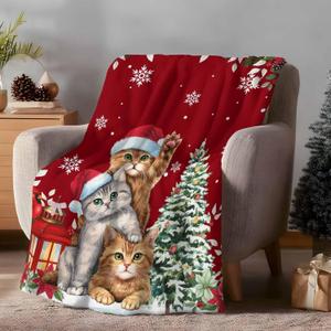 Chucoco Throw Blankets, Christmas Santa Cute Cats Luxury Ultra Soft Flannel Bed Blanket Blossoms Poinsettia Fir Tree Leaf Red Berry Cozy Warm Fleece Cover for Sofa Couch Chair 50"x60"