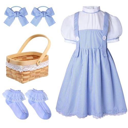 4PCS Deluxe storybook character costumes for girls Girls’ Classic Blue Gingham Dress Costume with Hair Bows Basket Socks Halloween Outfit for Dress Up Book Day Theater Play or Roleplay(10-12 Years), M