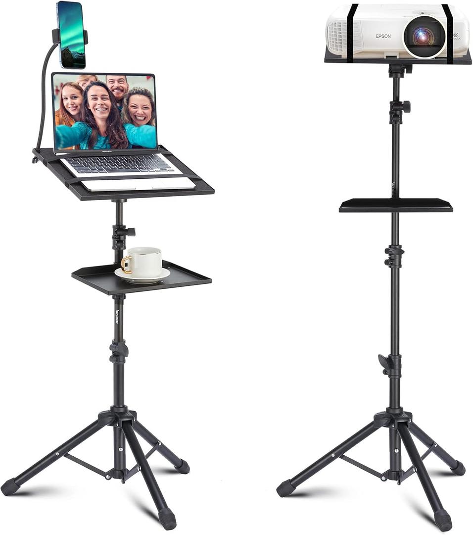 Lusweimi Projector Tripod Stand, 50 Laptop Stand with 2 Shelves for Projector, iPad, DJ Equipment, Portable Adjustable Floor Stand with Gooseneck Phone Holder for Office, Home, Stage or Studio