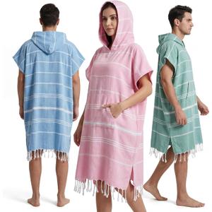 Twistover 3 Pcs Large Turkish Towel Poncho Cotton Surf Poncho 47 x 71 Inch Hooded Changing Towels Wearable Beach Towel Swim Robe with Pocket for Adult Men Women Summer Beach Pool (Blue, Mint, Pink)