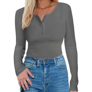 Long Sleeve Shirts for Women, Casual Solid Henley Tops Button Down Shirts, V Neck Blouses Basic Ribbed Knit T Shirts Tunic, Basic Fall Spring T-Shirts for Women for Cocktail Party Holiday (Gray, M)