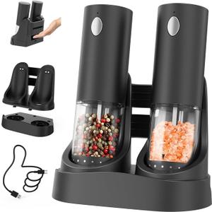 CIRCLE JOY Electric Salt and Pepper Grinder Set Automatic Salt and Pepper Grinder Set with Easy-to-Carry Charging Base and LED Light, Adjustable Coarseness, USB Rechargeable, Washable Container, Black