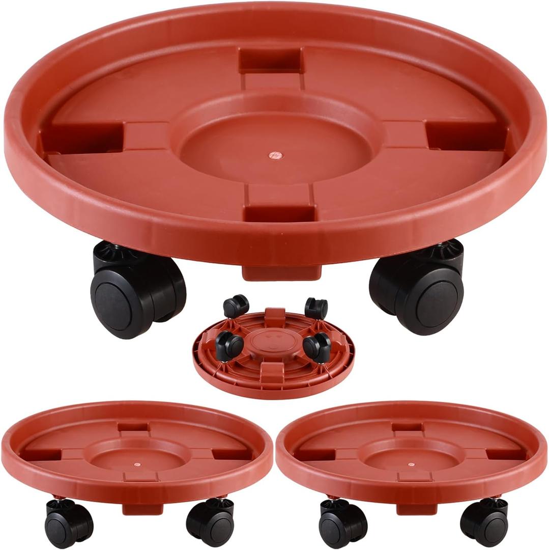 3 Pakcs Large Plant Caddy with Wheels 15.8" Rolling Plant Stands Heavy-duty Plastic Plant Roller Base Pot Movers Plant Saucer on Wheels Indoor Outdoor Plant Dolly with Casters Planter Tray Red