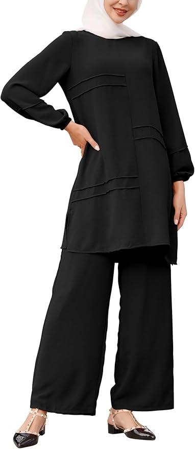 Iwemek Muslim Casual 2 Piece Set for Women Loose Top Wide Leg Pants Dubai Abaya Islamic Two Piece Outfit Prayer Clothes XL