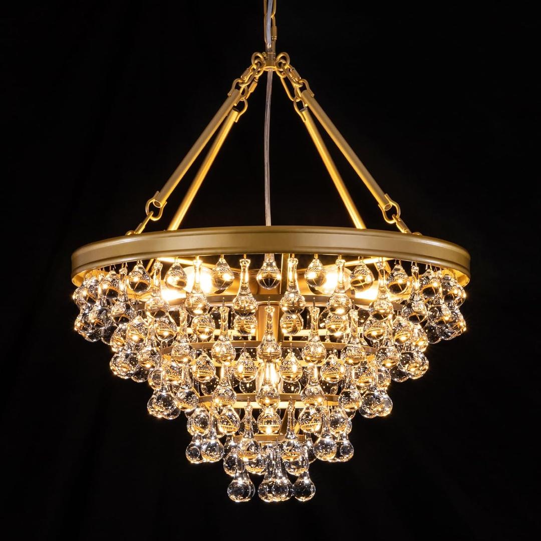 Wellmet Modern Crystal Chandeliers, 6 Lights Farmhouse Chandeliers for Dining Room, Gold Ceiling Light Fixture for Foyer, Bedroom, Living Room, Entryway, Kitchen Island, W-20 Inches
