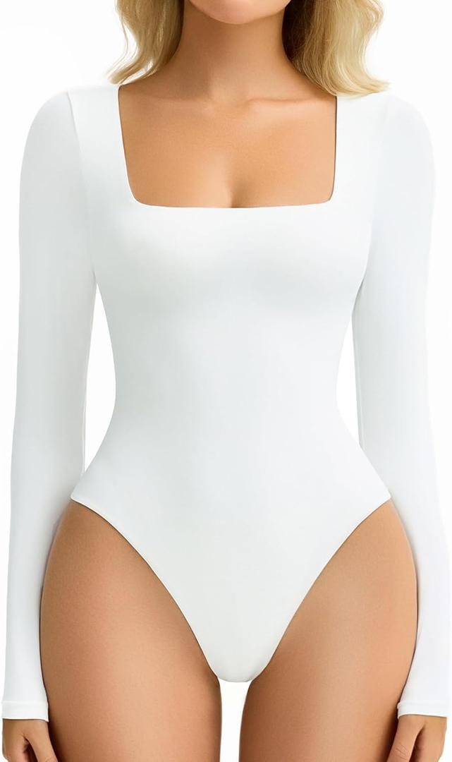 Avidlove Women's Long Sleeve Bodysuit Double Lined Square Neck Body Suit Tops Snap Closure Soft (S, White)