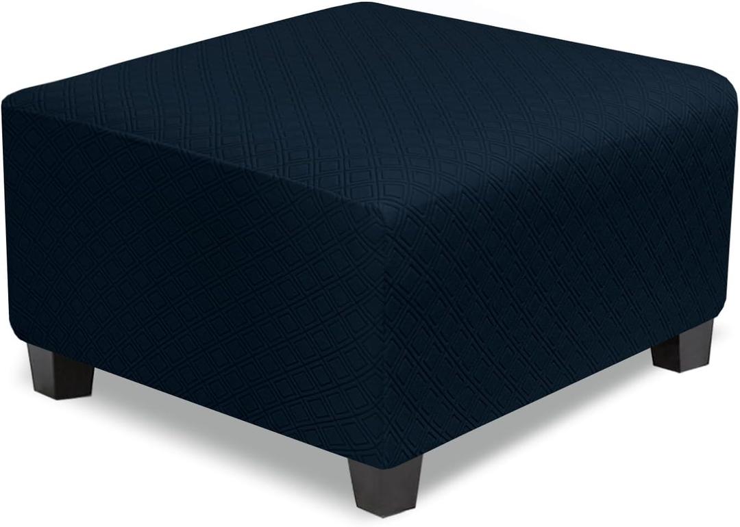 NeColorLife Square Ottoman Cover Large,Stretch Square Ottoman Covers Slipcover,Knitted Jacquard Cover for Storage Stool,Footstool Protection for Living Room,Navy Blue,Large (L Length&Width:35-44",Height:14-20")