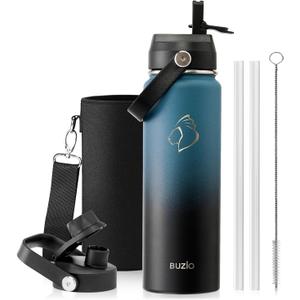 BUZIO 24 oz Insulated Stainless Steel Water Bottle with Straw & Spout Lids