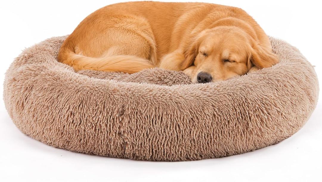 DUMOS 37.4 Inch Large Donut Dog Bed for Indoor Use, Fluffy Faux Fur Plush
Warming Cozy Round Pet Bed, Machine Washable Cuddler, Anti-Slip Bed for Dogs and Cats, Brown