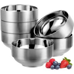6 Pack 12 Oz Stainless Steel Bowls for Kids, Insulated Soup Bowl, 18/8 Small Metal Serving Eating Bowls for Cereal, Rice, Ice Cream, Snack, Hot and Cold Food, Salad