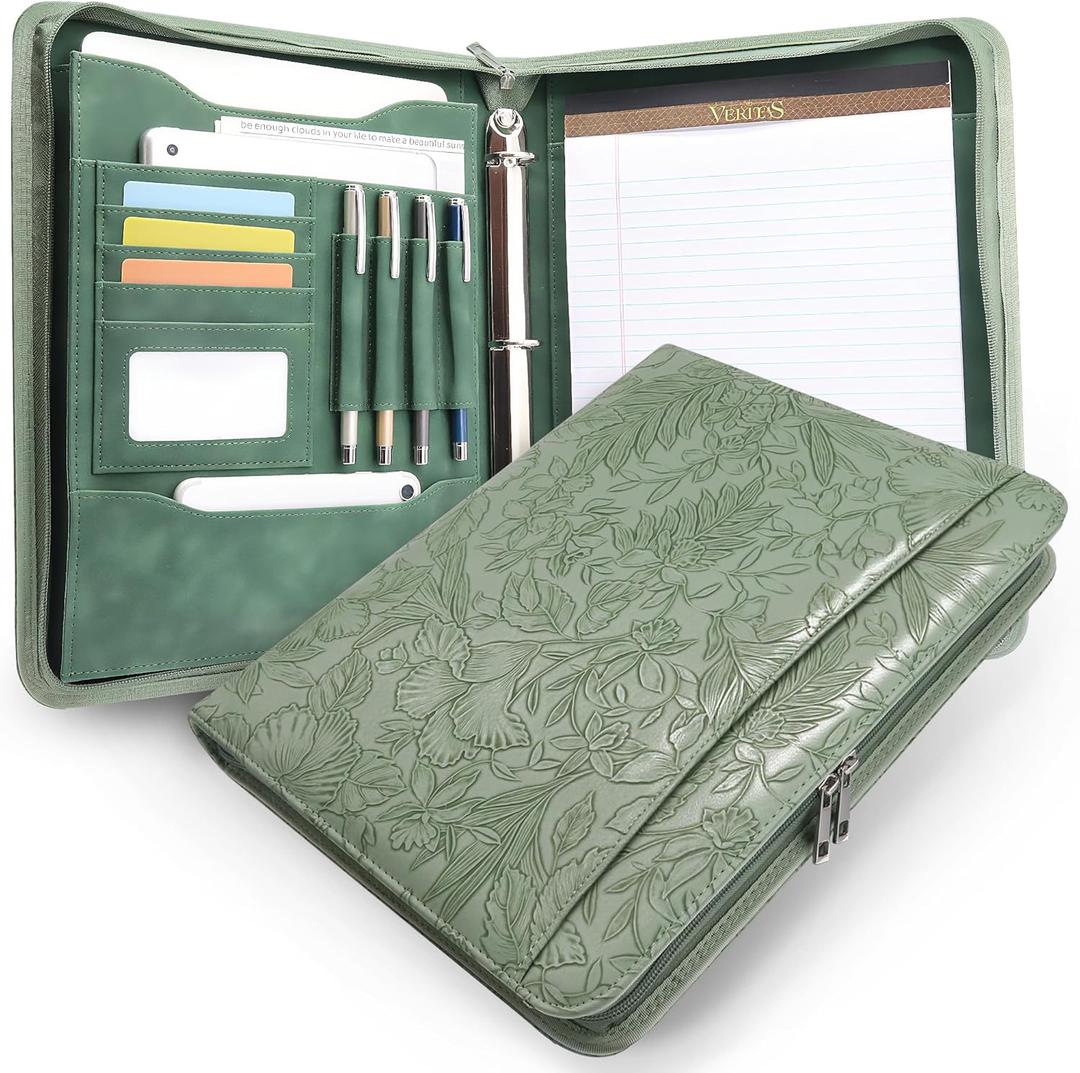 Embossed Faux Leather Zippered Padfolio with 3 Ring Binder, Executive Portfolio Organizer Binder for Women, Fits 13.9" Laptop/Tablet, Refillable Writing Pad Pocket, Green (Zipper Portfolio(13.7"x11"x1.57"))