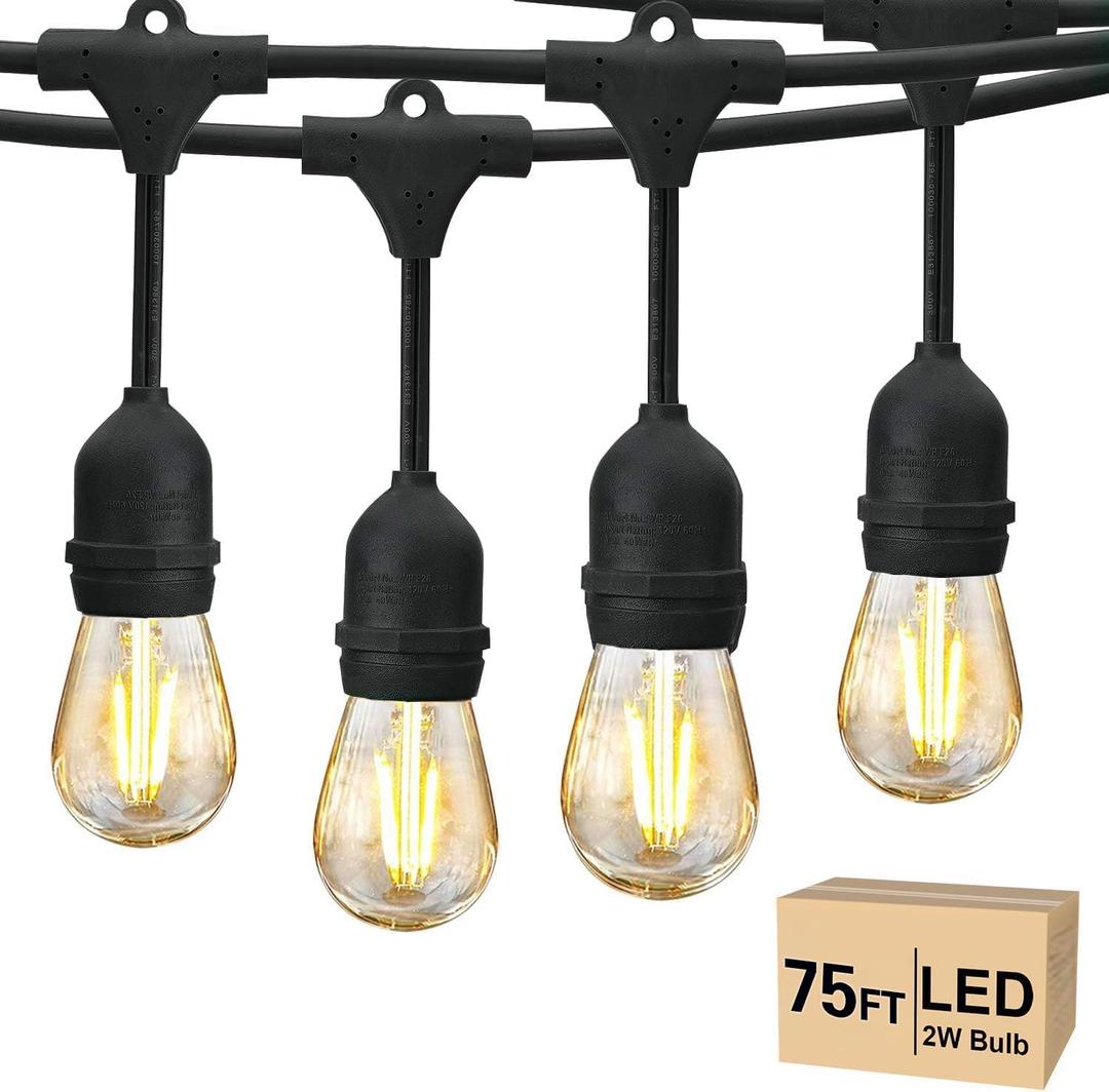 Svater 75 FT Outdoor String Lights 2W, Patio Light for Outside with 26 Antique S14 Plastic LED Bulbs, IP65 Waterproof Hanging Cafe Market Lighting, ETL-Listed Dimmable Warm White