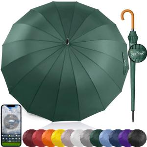 Royal Walk Large Windproof Umbrella for 2 People, 54 Inch, Dark Green, Auto Open, Wooden Handle, 16 Ribs, Travel Size