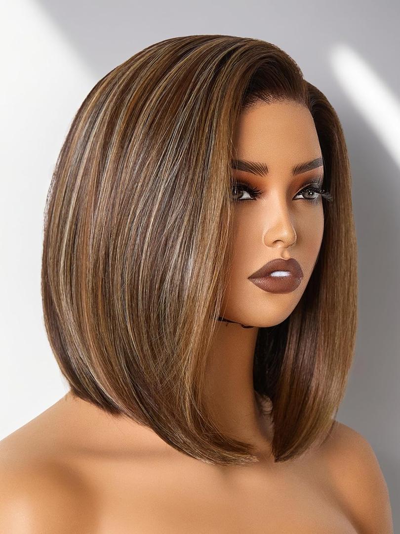 GORGIUS Brown Highlight Bob Lace Front Wig Glueless Straight Short Wigs Upgrade with Human-Hair-Like Sythetic Hair Pre Cut Pre Plucked Side Part Hairline 12 Inch #OT41